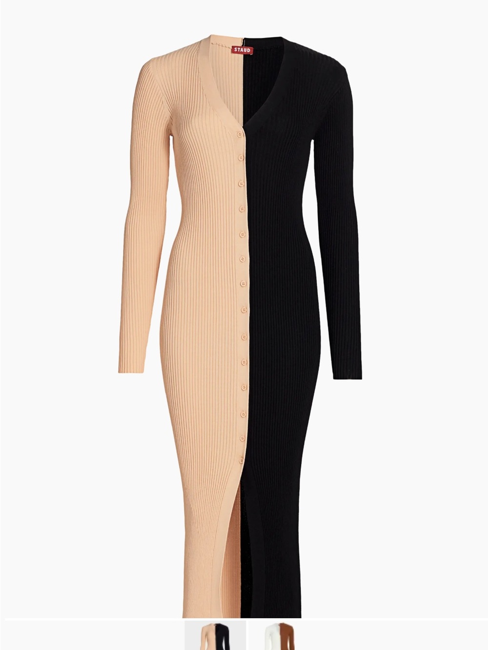 STAUD Two-Tone Ribbed Button-Front Maxi Dress - Beige & Black